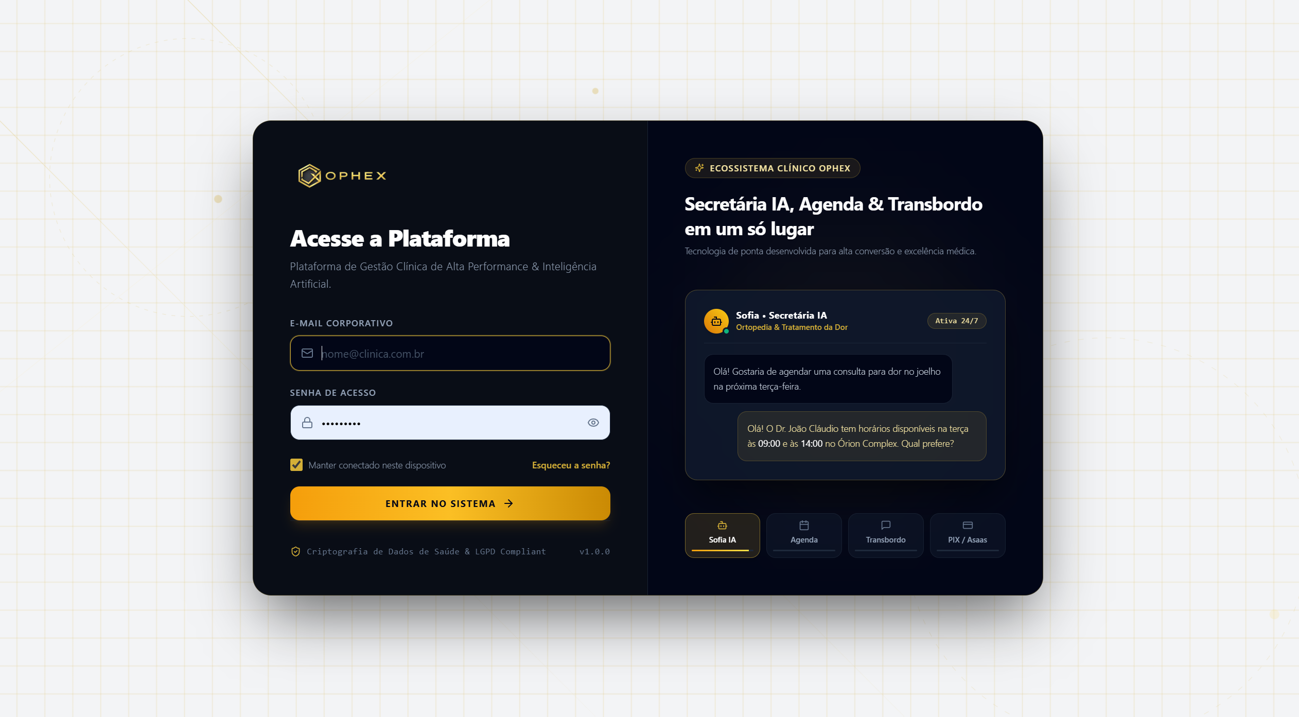 Tela da plataforma Ophex
